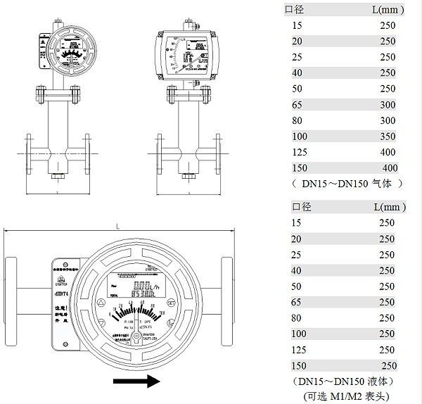 防腐型金属管转子流量计水平安装型：型外形尺寸、重量及压损