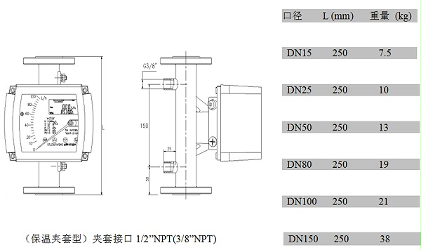 金属管浮子流量计夹套型外形尺寸及重量