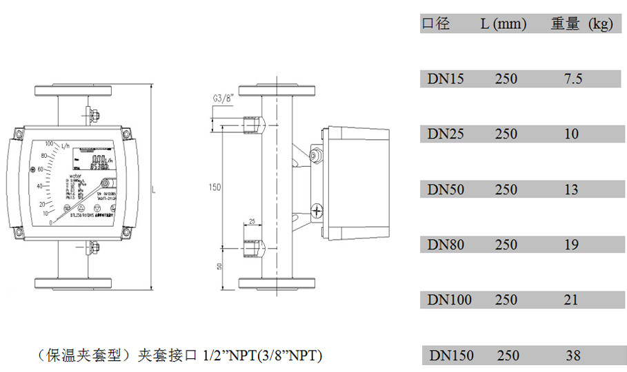 远传金属转子流量计夹套型外形尺寸及重量